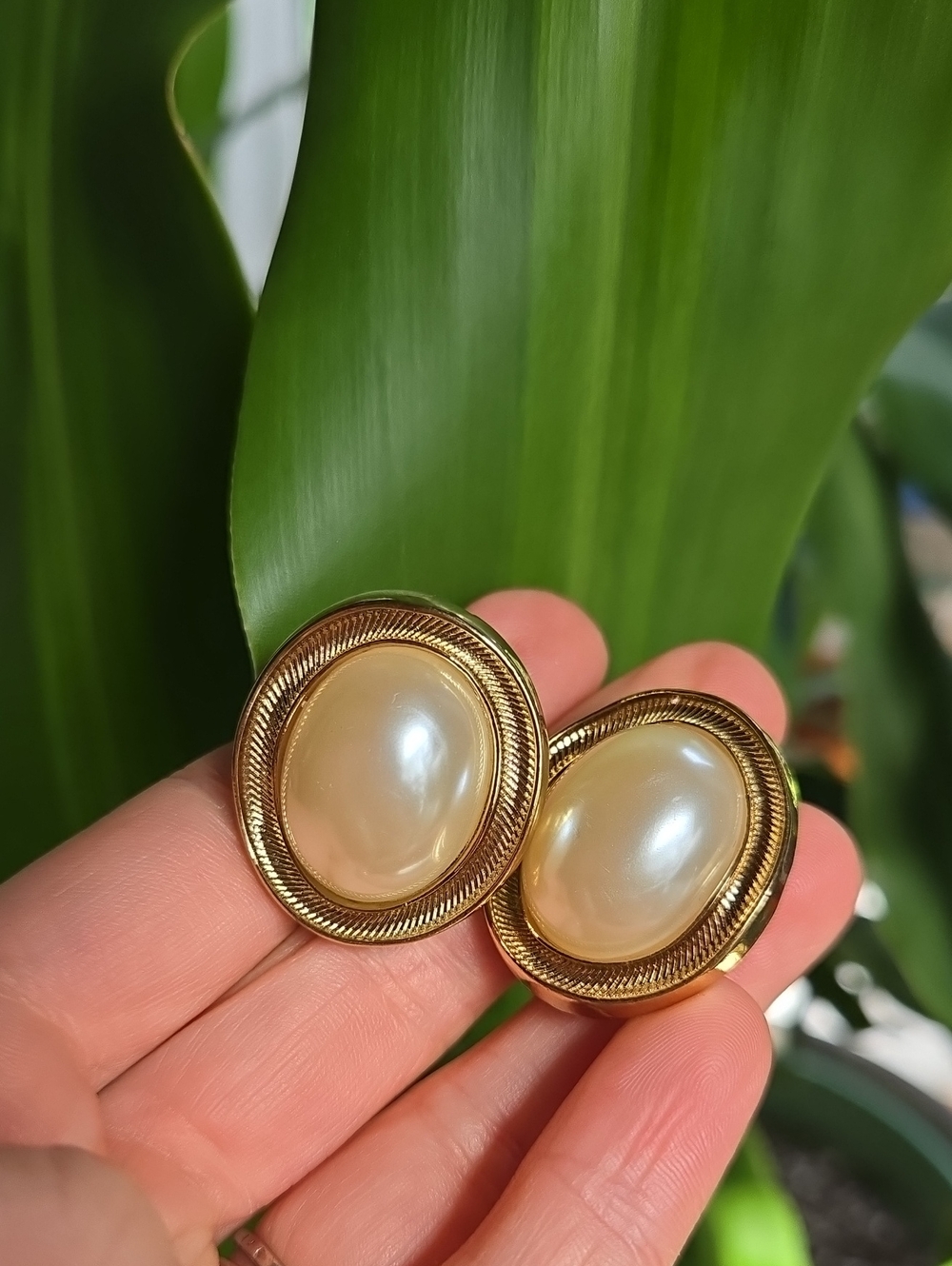 Classic Gold-Tone Faux Pearl Dome Clip-On Earrings - Cream. Avon Vintage.